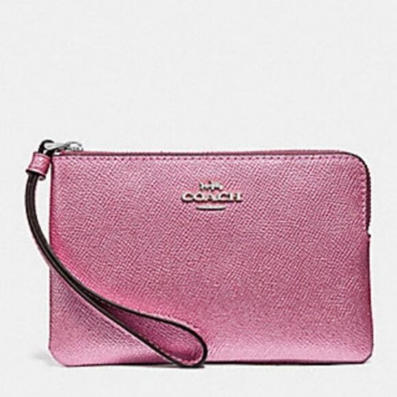 Coach Corner Zip Wristlet in Metallic Crossgrain Leather, SV/ Metallic B… - Picture 1 of 10